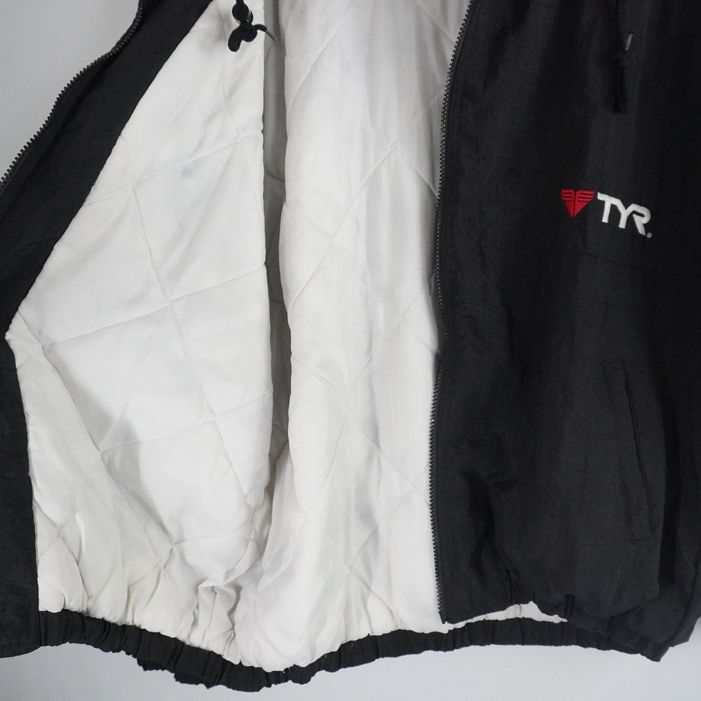 VTG TYR Windbreaker Puffer Jacket Hooded Black White Stripe Zip 90s S Oversized - Picture 6 of 10